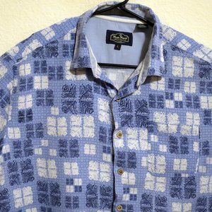 Nat Nast Shirt Mens Large Short Sleeve Button Silk Blend Camp Blue White Squares